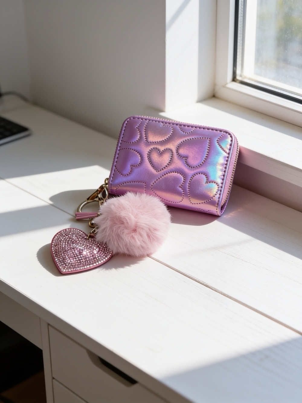 Cute Pink Metallic Heart Zip Wallet with Pom Pom & Rhinestone Heart Keychain